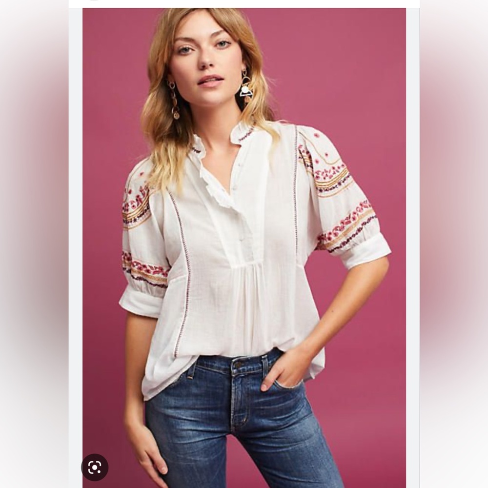 Anthropologie AKEMI + KIN Embroidered High ~ Neck  Blouse Size M